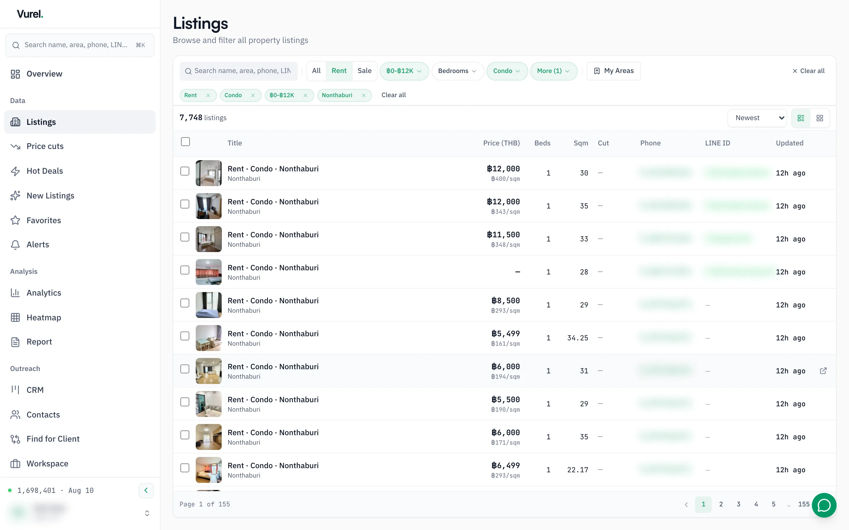 หน้า Listings ของ Vurel: ตัวกรองเช่า คอนโด ราคา พื้นที่ และตารางประกาศพร้อมราคา ห้องนอน ขนาด เบอร์โทร LINE ID และเวลาอัปเดต